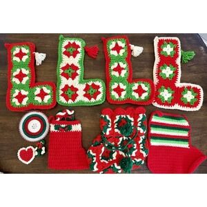 Vintage Crochet Christmas Lot 4 Stockings Gift Bag Ornaments Magnets Handmade
